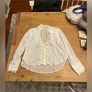 FREE PEOPLE White Lace Trim Clemence Cottagecore Button Down Blouse Women’s S